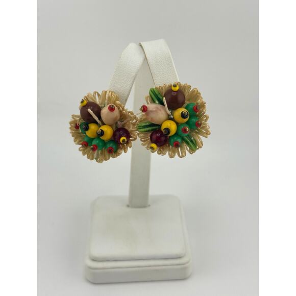 VTG Made In West Germany Burst Cluster Fruit Vegetable Flower Clip On Earrings - Picture 7 of 9